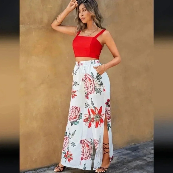 Summer Solid Cami Top & Floral Print Split Thigh Pants Two Piece Set - Picture 3 of 6